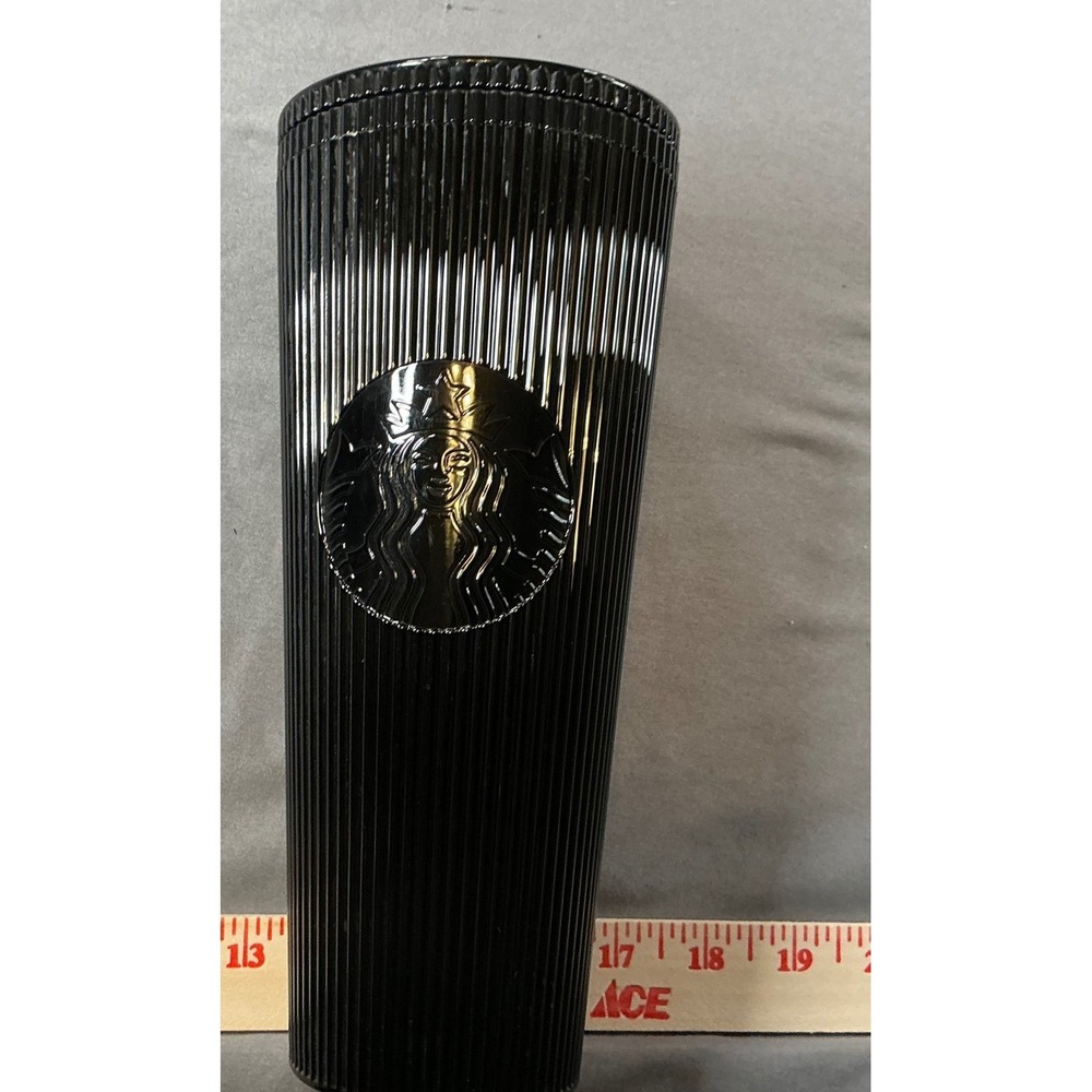 Starbucks Black Pleated Vertical Ribbed Cold Cup Tumbler 24oz Siren Logo Rare